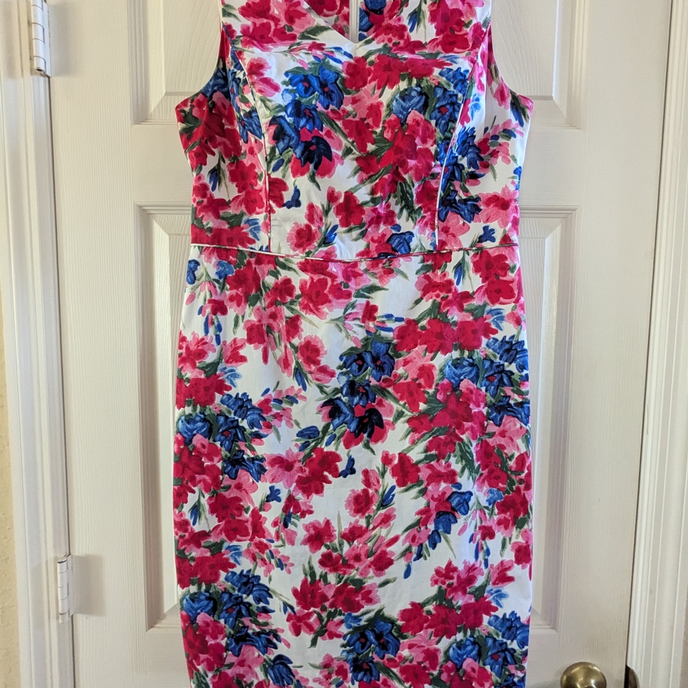 Talbots Red and Pink Sheath Dress Sleeveless Crew Neck Midi